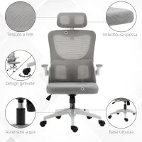 Sedia da Ufficio Ergonomica ad Altezza Regolabile con Poggiatesta, 60x59x114-122 cm, Grigio