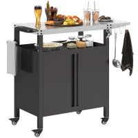 Carrello per Barbecue con Armadietto, Ripiano Aperto e Tavolino Laterale, in Acciaio Inox, 116x50x93 cm, Nero