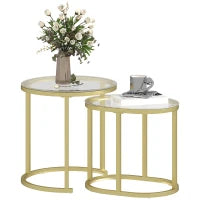 Set di 2 Tavolini da Salotto, Tavolini d'Appoggio Incastrabili, Struttura in Acciaio e Piano in Vetro Temperato Trasparente, Oro