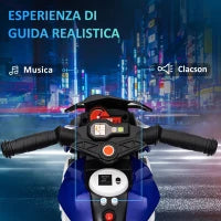 Moto Elettrica per Bambini 3-5 Anni Max. 25kg con Luci, Musica, Batteria 6V e Velocità 3km/h, 86x42x52 cm Blu