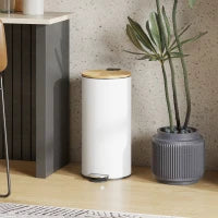 Bidone della Spazzatura per Cucina 30L con Pedale, Coperchio in Bambù con Chiusura Delicata e Cubo Estraibile, Bianco