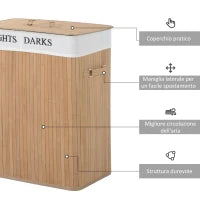Cesta Portabiancheria in Bambù con Coperchio e Fodera Rimovibile, 52 x 32 x 63cm