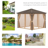 Gazebo da Giardino 3x3m in Alluminio con Zanzariera, Tende Laterali e Tetto Rigido, Marrone