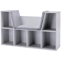2-in-1 Scaffale per bambini Scaffale + Panca con Cuscino 103 cm × 30 cm × 62 cm Bianco + Grigio
