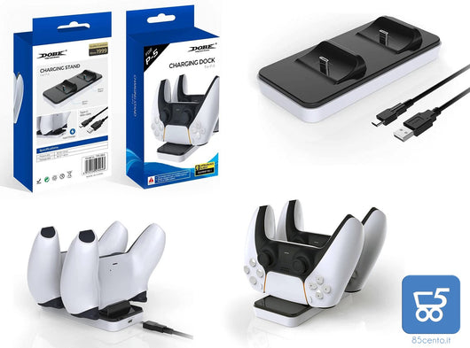 Dobe Stazione di Ricarica Rapida Portatile per Controller Joystick PS5, Caricatore Doppio per Controller Playstation 5 con 2 Porte di Ricarica di Tipo C Rimovibili, Bianco-Nero