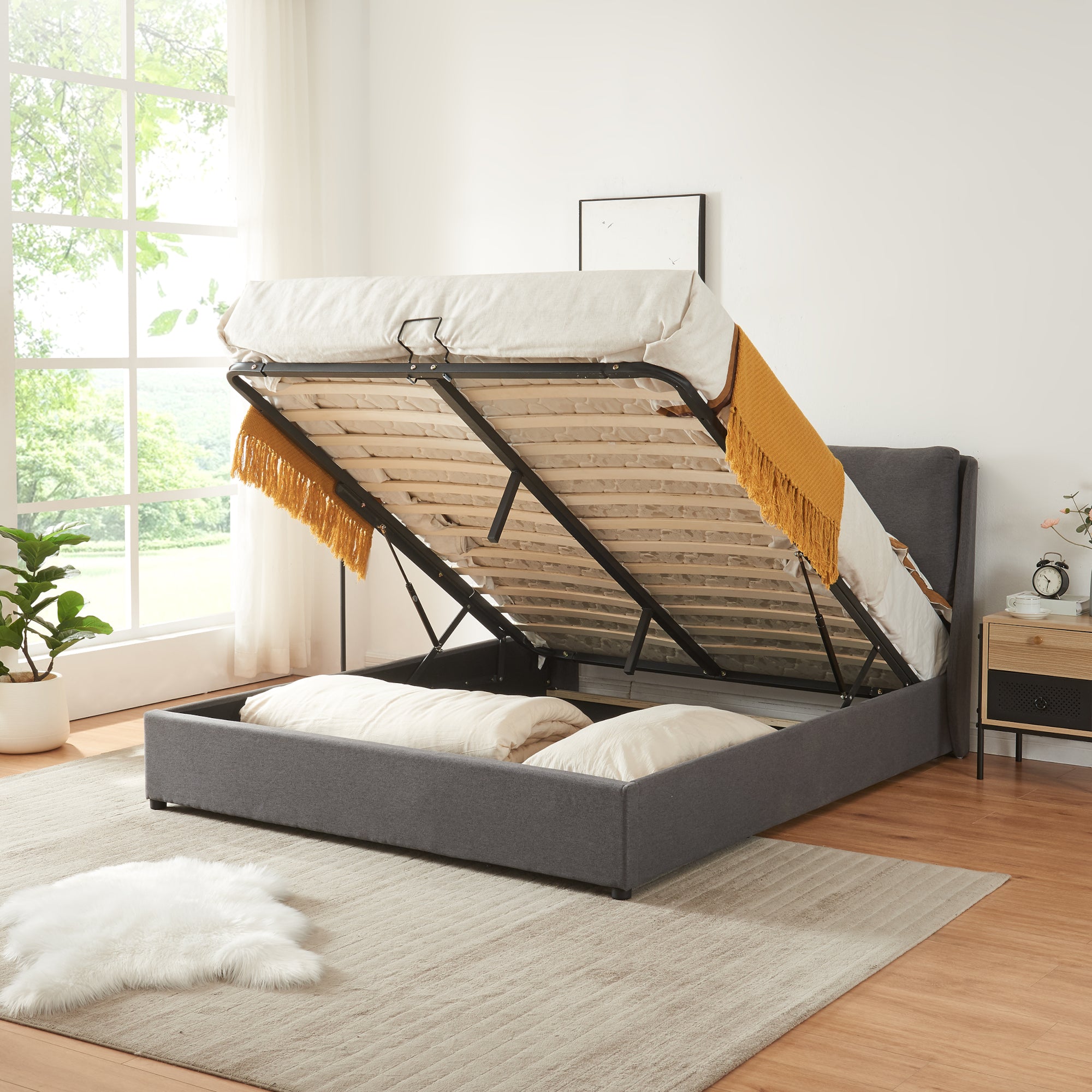 Struttura Letto Matrimoniale Lunner 160 x 200 cm con Contenitore e Testiera Imbottita - Grigio Scuro [en.casa]