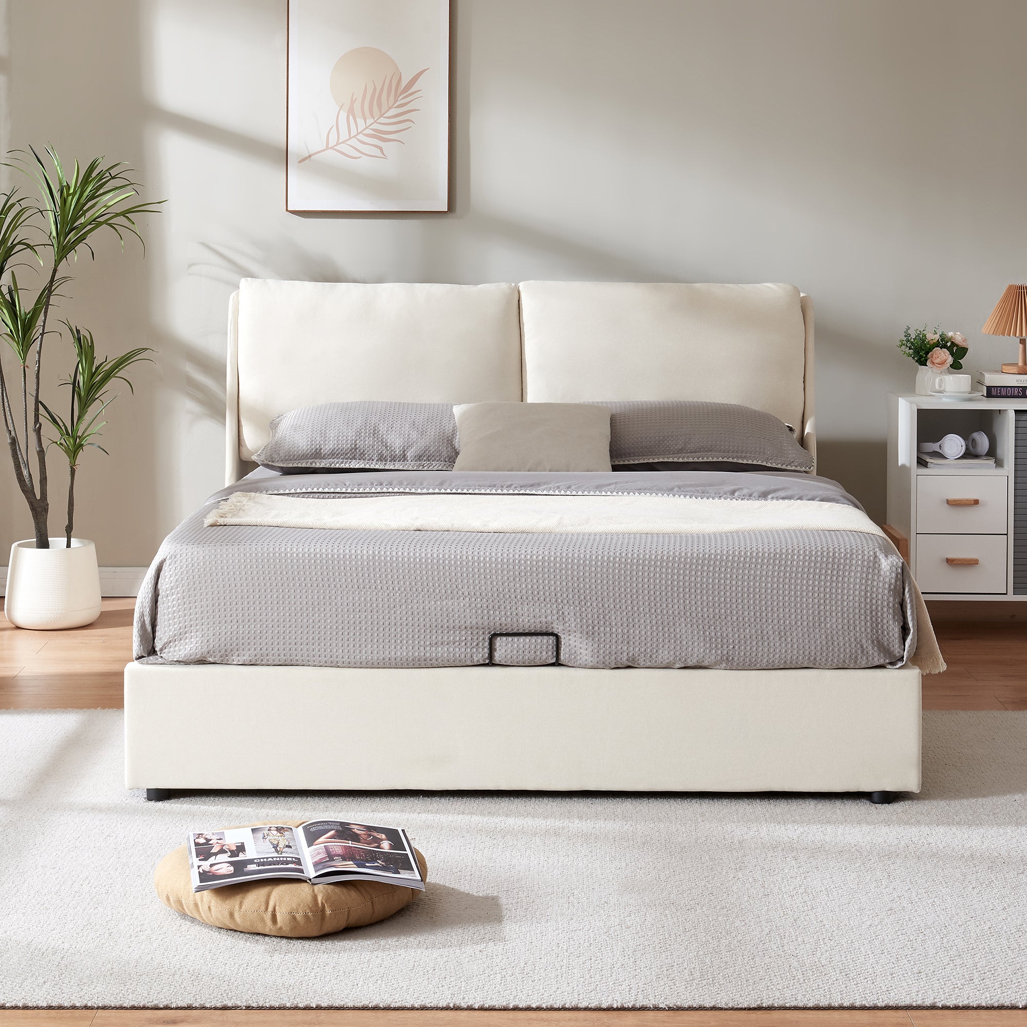 Letto Francese Lunner con Contenitore Testiera Imbottita e Materasso 140 x 200 cm - Beige [en.casa]