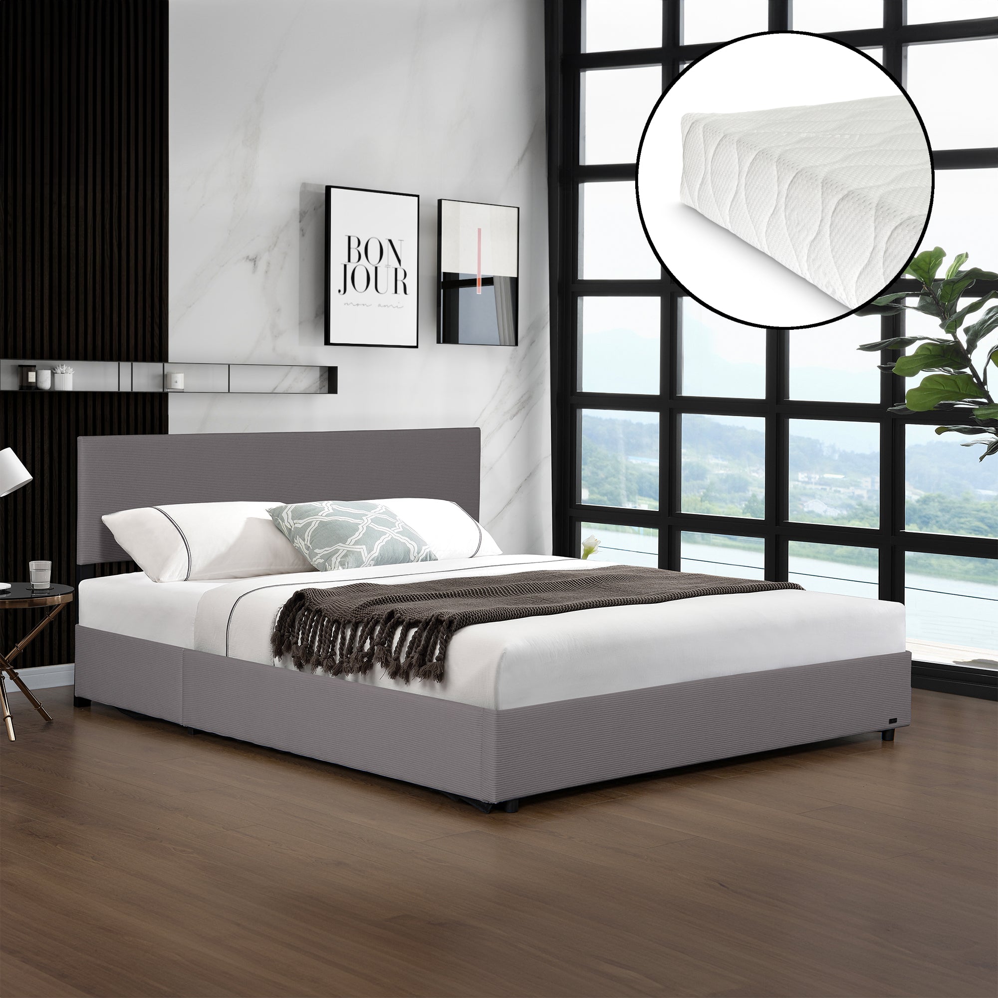 Letto Contenitore Juva Apertura a Ribalta Letto Francese con Materasso 140x200 cm Velluto a Coste Grigio Corium
