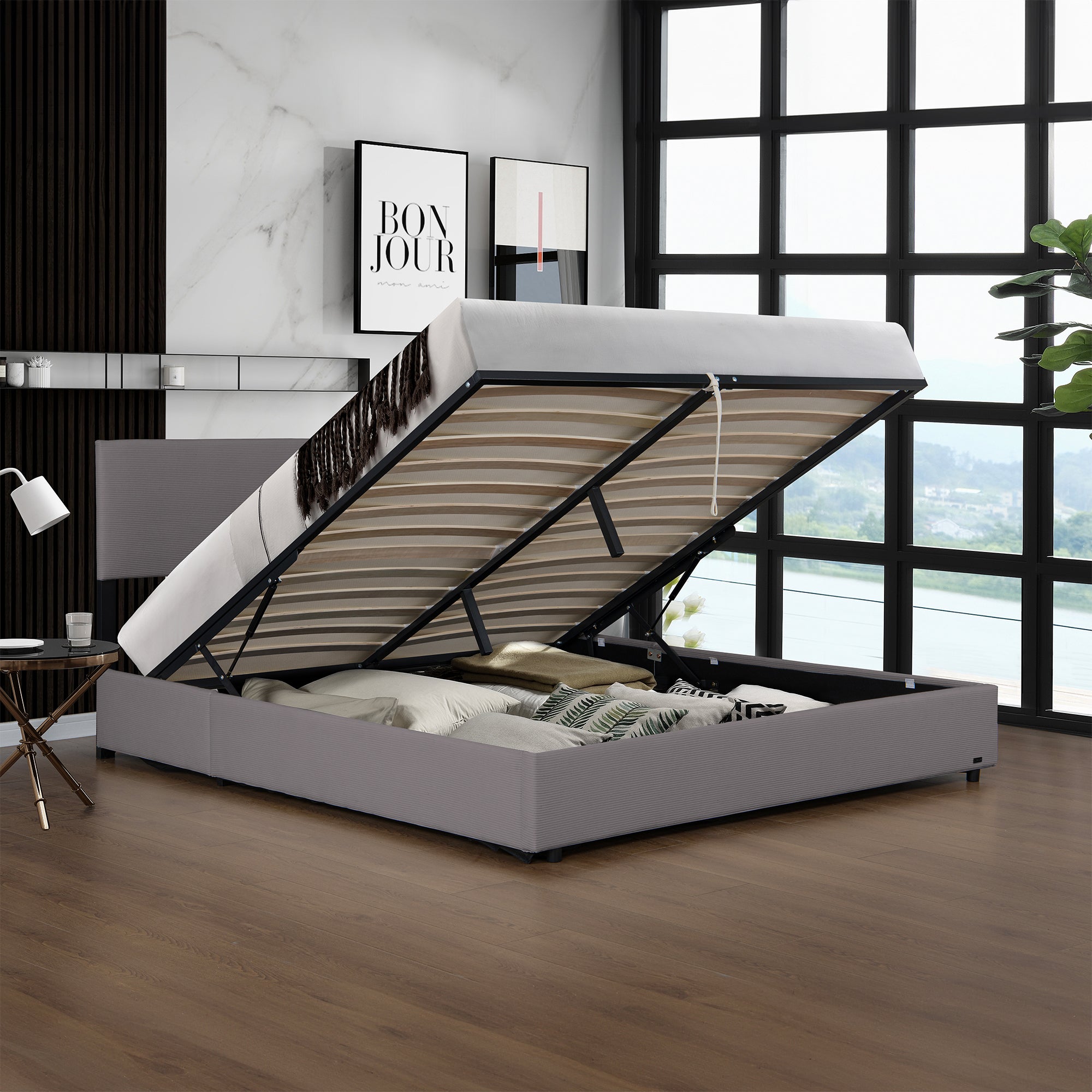 Letto Contenitore Juva Apertura a Ribalta Letto Matrimoniale con Materasso 160x200 cm Velluto a Coste Grigio Corium