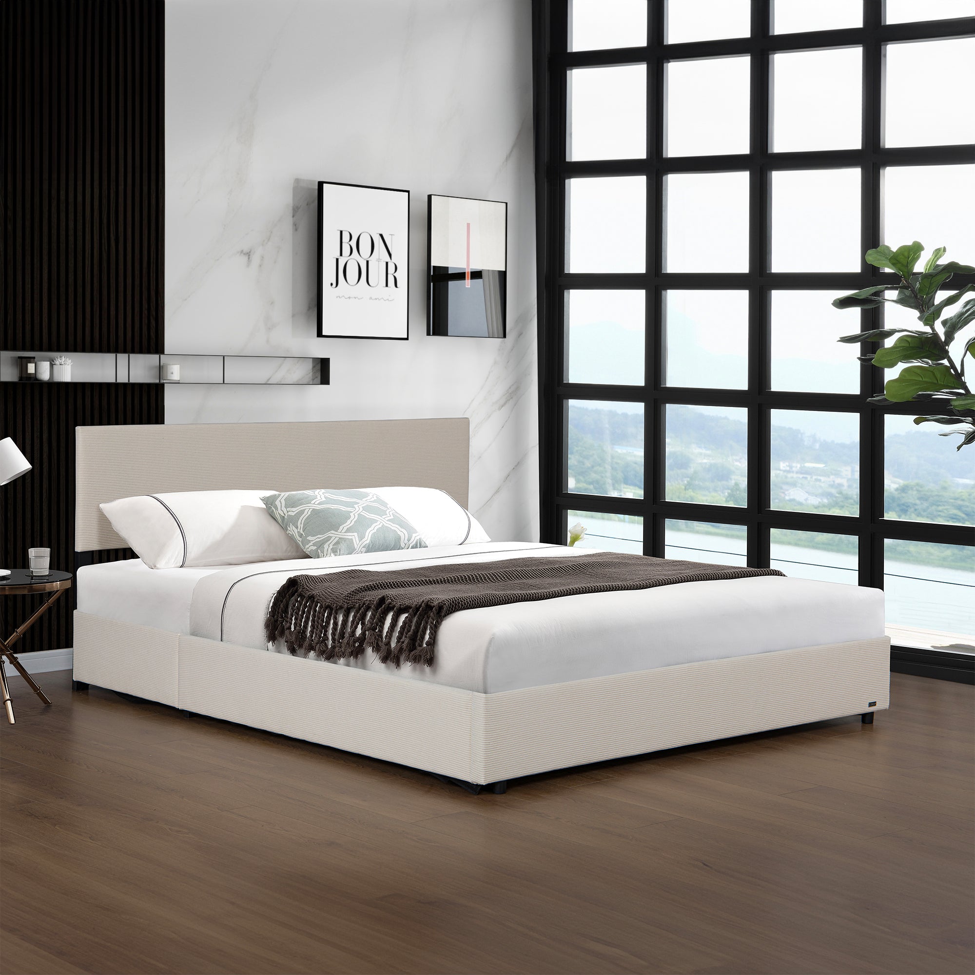 Letto Contenitore Juva con Apertura a Ribalta Letto Matrimoniale 180x200 cm Velluto a Coste Beige Corium