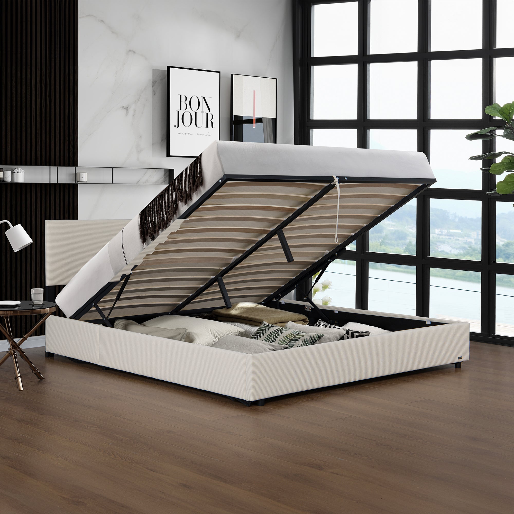 Letto Contenitore Juva con Apertura a Ribalta Letto Matrimoniale 180x200 cm Velluto a Coste Beige Corium