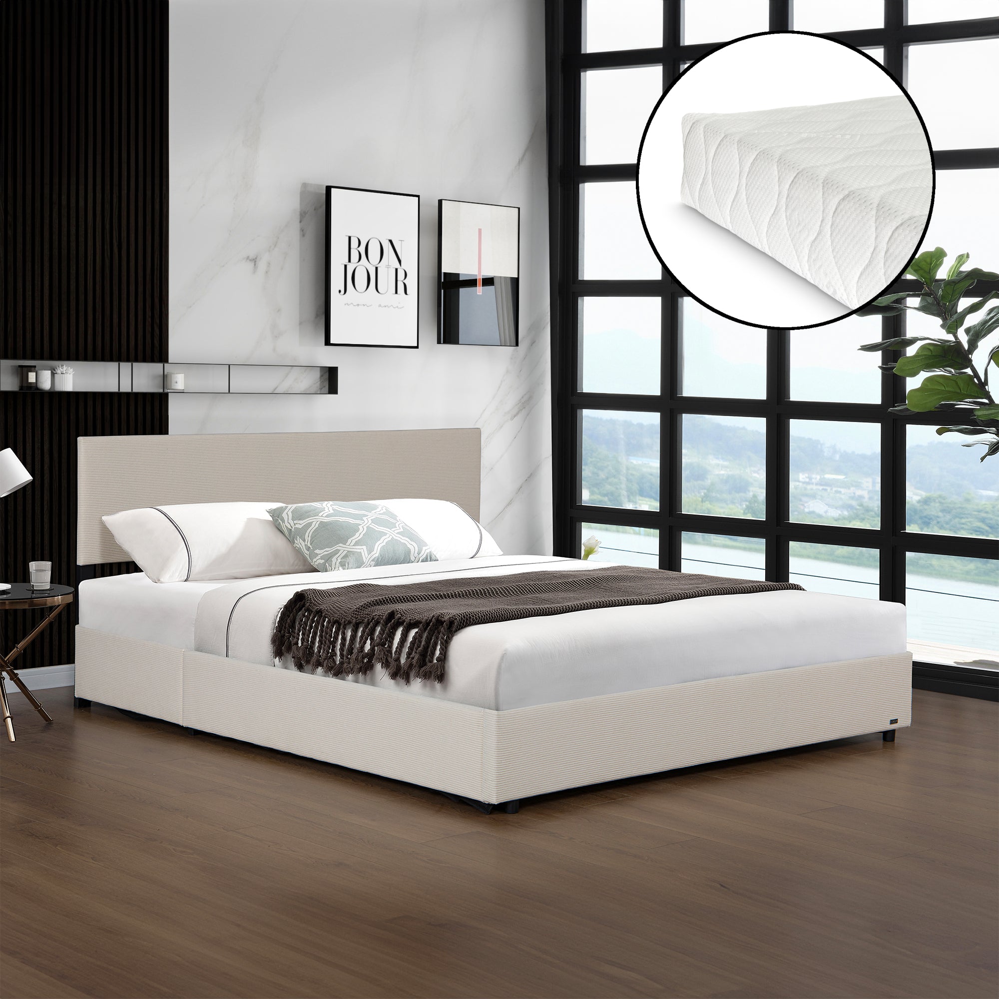 Letto Contenitore Juva Apertura a Ribalta Letto Matrimoniale con Materasso 180x200 cm Velluto a Coste Beige Corium