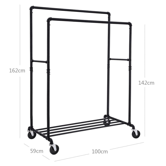 Appendiabiti con ruote capacità di carico 110 kg due barre appendiabiti mobili ripiano in metallo nero di qualità commerciale 12_0007064