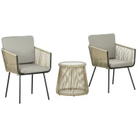 Set da Esterno con Tavolino in Vetro e 2 Sedie da Giardino in Rattan Stile Boho, Caffè