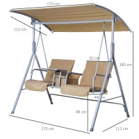 Dondolo da Giardino 2 Posti Separati con Tavolino e Tetto Regolabile, in Metallo 175x112x165cm Beige