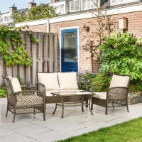 Salotto da Giardino a 4 Posti da 4 Pezzi, Stile Coloniale, Tavolino, Cuscini Beige Inclusi, in Resina Intrecciata, Marrone Chiaro