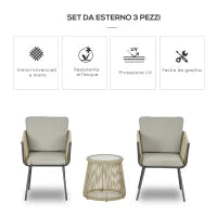 Set da Esterno con Tavolino in Vetro e 2 Sedie da Giardino in Rattan Stile Boho, Caffè