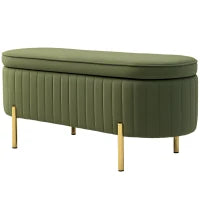 Panca Contenitore Ovale da 72L con Coperchio Sollevabile, in Tessuto Effetto Velluto e Legno, 108x44x43.5 cm, Verde