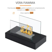 Camino a Bioetanolo da Tavolo 830 W Bruciatori senza Residui Inodore In Acciaio Inox con Vetro 35x18x21 cm Nero