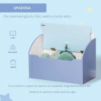 Panca Contenitore Portagiochi 2 in 1 in Legno, Cassapanca con Schienale per Bambini da 3-6 Anni, 60x30x50 cm, Blu
