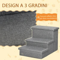 Scala per Cani e Gatti max 5kg a 3 Gradini, in Tessuto Effetto Lino e MDF, 63.5x42.5x40.5 cm, Grigio