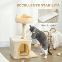 Albero Tiragraffi per Gatti con Posatoio e Casetta, in Legno, Peluche e Sisal, 40x30x72 cm, Beige e Giallo