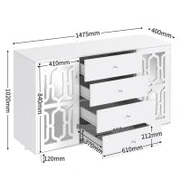 Credenza Specchiata con Maniglie a Cristallo,2 ante con ripiani mobili interni e 4 cassetti centrali,Bianco