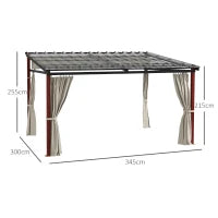 Pergola con Tende Laterali e Tetto Retrattile in PC, in Alluminio e Metallo, 345x300x215-255 cm, Crema