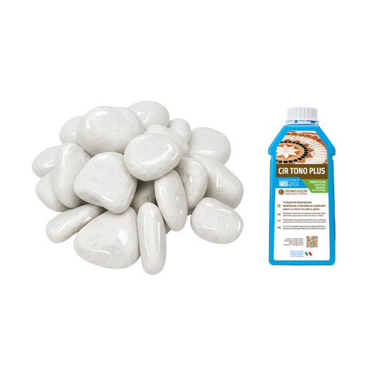 Ciottoli bianco carrara con protettivo effetto bagnato brillante – cir tono plus *** misura 25/40, formato 5 kg + 1...