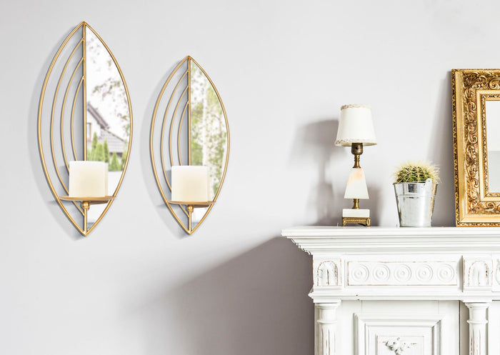 Due Porta candele da muro in metallo dorato 18x13x41-15x13x35cm Leaf