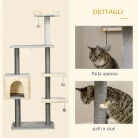 Tiragraffi per Gatti Alto 156cm con Lettino, Casetta e Pali Tiragraffi in Sisal