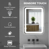 Specchio Bagno con Interruttore Touch, Luce LED a 3 Temperature e Antiappannamento, 70x50cm
