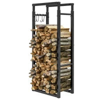 Portalegna da Interno ed Esterno Regolabile in Metallo con Ganci a S, 40-65x25x100-150 cm, Nero