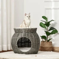 Cesta per Gatti a 2 Livelli in Rattan PE con Cuscini Lavabili in Peluche, Φ50x43.5cm