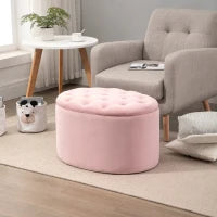 Pouf Contenitore Ovale Imbottito e Trapuntato in Velluto, 71x52x42cm, Rosa