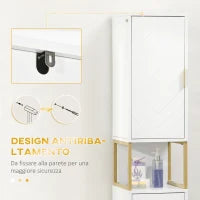 kleankin Colonna Bagno con 2 Armadietti e Ripiano in MDF e Acciaio, 30x30x170.7cm, Bianco e Oro