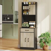 Mobile Dispensa in Legno con Cassetto, 2 Ripiani Aperti e Armadietti, 60x40x180 cm, Nero e color Legno