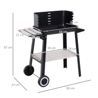 Barbecue a Carbone con Griglia Regolabile, Ripiani e Ruote, 83x37x87cm, Nero