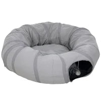 Tunnel per gatti con letto e cuscino, pieghevole, con fori per palline e porticina, Ø 90 x 27 cm grigio