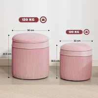 Set 2 Pouf Poggiapiedi Rotondi Impilabili e Imbottiti con Rivestimento in Velluto, Contenitore da 34.8L, Rosa