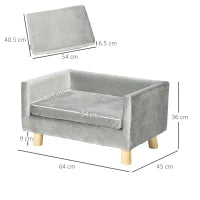 Divanetto per Cani e Gatti Stile Scandinavo con Cuscino Imbottito in Velluto e Legno, 64x45x36cm, Grigio