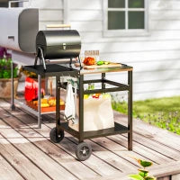 Carrello per Barbecue con Piano in Acciaio e Ripiano Richiudibile, Ruote e Ganci, 91x58x76 cm, Nero