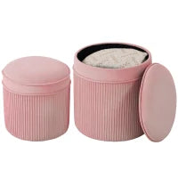 Set 2 Pouf Poggiapiedi Rotondi Impilabili e Imbottiti con Rivestimento in Velluto, Contenitore da 34.8L, Rosa