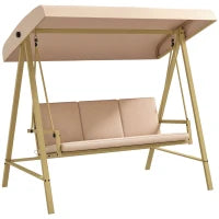 Dondolo 3 Posti con Tettuccio Inclinabile e Cuscini, in Acciaio e Textilene, 200x125x175 cm, Beige e Marrone