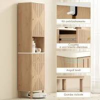 Colonna Bagno con Cassetto, 2 Armadietti e Ripiani Regolabili, Ripiano Effetto Marmo, 41.5x30x168 cm, Rovere