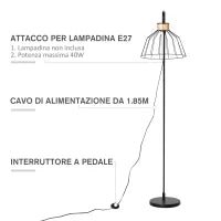 Lampada da Terra di Design Stile Industriale in Metallo e Rattan, Illuminazione Casa e Ufficio, 44x34x154cm, Nero