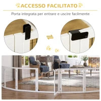 Cancelletto per Cani di Piccola/Media Taglia a 6 Pannelli Pieghevoli, in Legno e Acciaio, 432x36x70 cm, Bianco