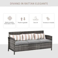 Divano 3 Posti da Esterni in Rattan (PE) con Cuscini Imbottiti e Sfoderabili, Giardino/Terrazzo, 173x68x78cm