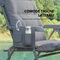 Sedia da Campeggio Pieghevole e Regolabile su 5 Livelli con Tasche Laterali, 66x58x105 cm, Grigio Chiaro