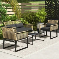 Set Mobili da Giardino in Polyrattan per 4 Persone, Set da Balcone Resistente alle Intemperie, con Divano a 2 Posti, 2 Poltrone, Tavolino in Vetro, Cuscini per Seduta Nero